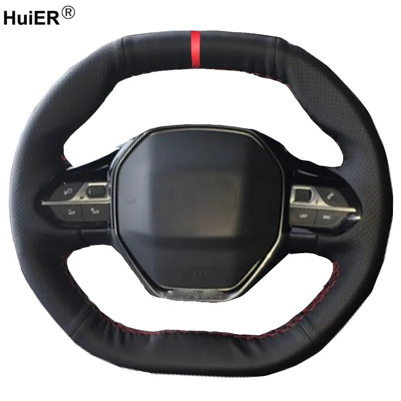 

HuiER Hand Sewing Car Steering Wheel Cover Red Marker For Peugeot 4008 2017 2018 3008 2017 2018 Wear-resistant Car Styling