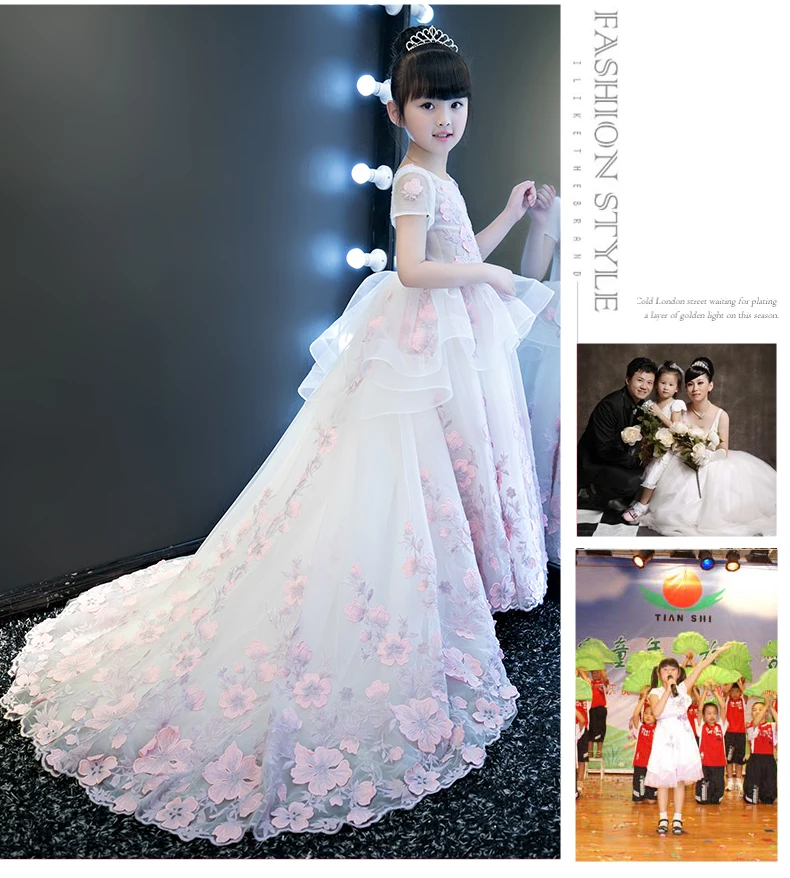 Роскошное длинное бальное платье со шлейфом; детское праздничное платье для свадьбы, дня рождения; платье принцессы с цветочным рисунком и аппликацией в виде русалки; M48