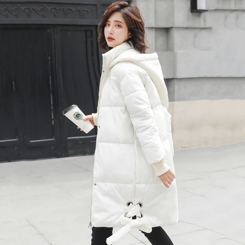 Новое поступление, женская зимняя куртка, однотонная, черная, белая, с капюшоном, Женская длинная парка, с хлопковой подкладкой, женское теплое пальто