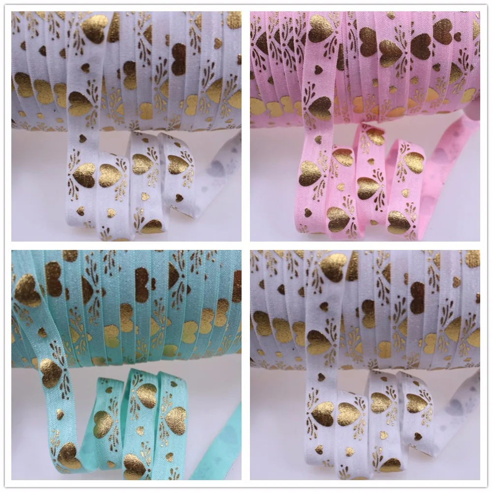 

3 colors 5/8" Gold Foil heart printed Fold Over Elastic Valentine foe for hair accessory
