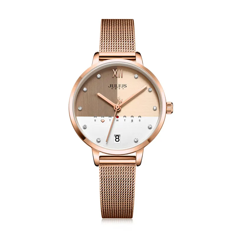 Julius Uhr Edelstahl Mesh Band Elegante Frauen Business Uhr Mit Kalender Rose Gold Multi Farbe Zifferblatt Uhr Ja 1100 Women S Watches Aliexpress