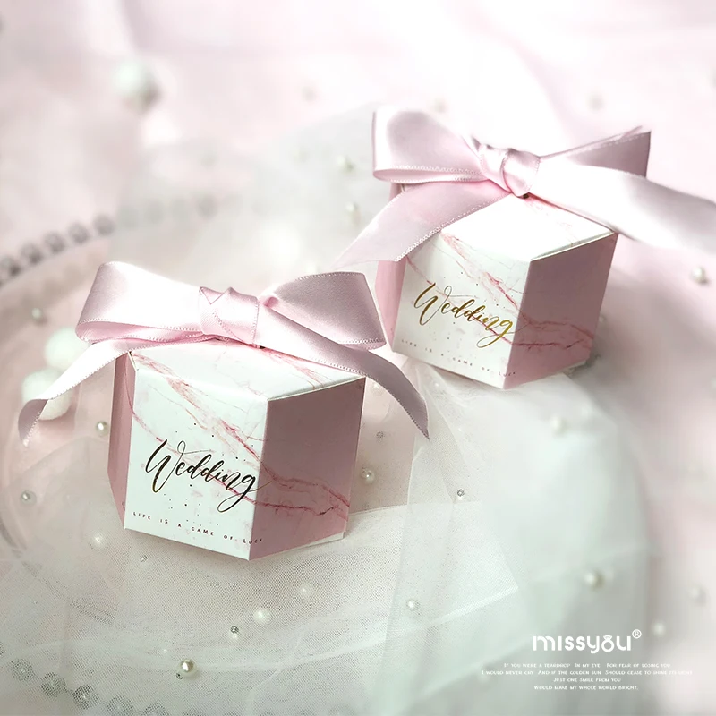 

2018 New Pink Marble Candy Box With Ribbon Candy Box for Guests Wedding Decoration Thank Guests Drawer Gift Box