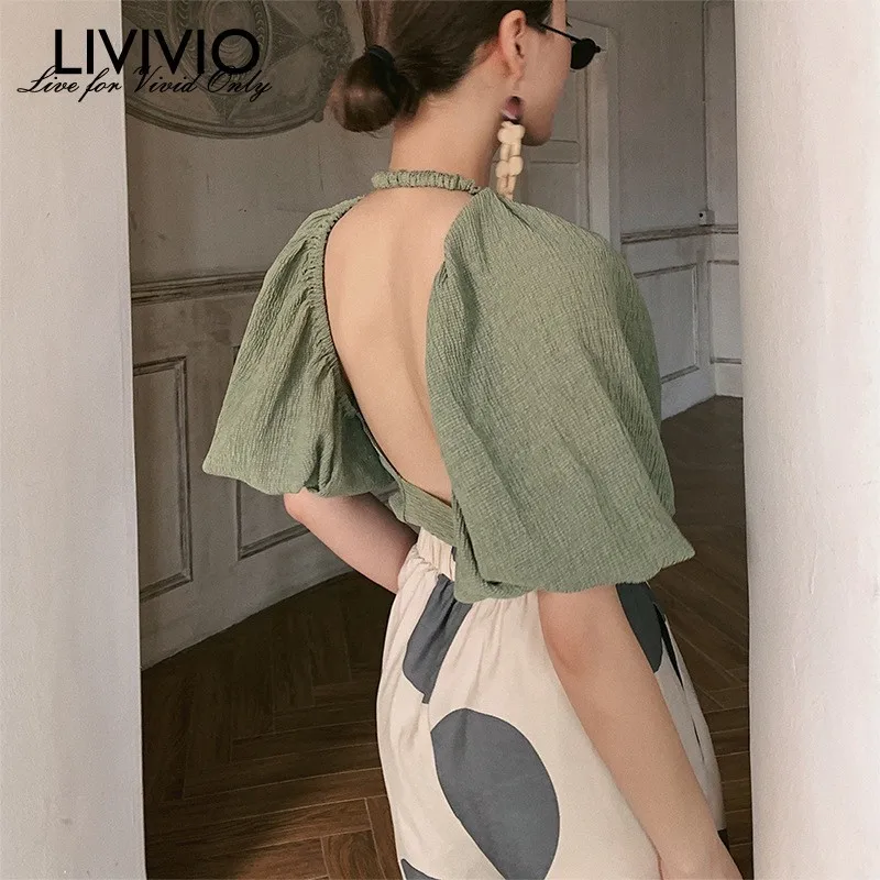 

[LIVIVIO] Summer Backless Shirt For Women O Neck Puff Sleeve Lace Up Chiffon Blouse Female Fashion Clothes 2019 Korean