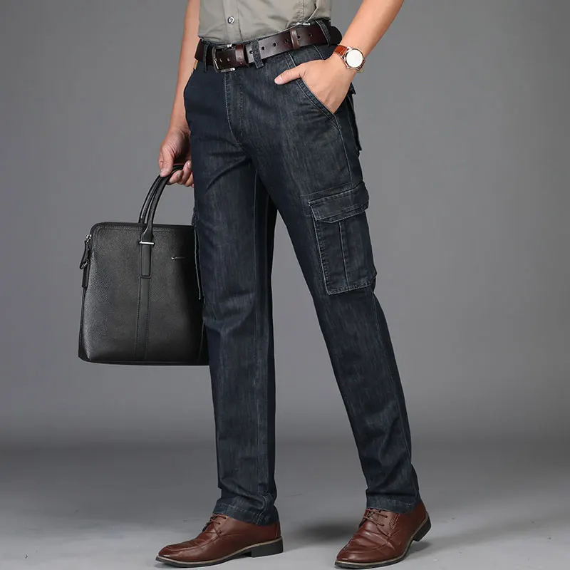 Summer JEEP Brand Cotton Cargo Jeans Elastic Men's Casual Full Length Retro Jeans Multi Pockets Cotton Pants Fashion Trousers 44 (60)