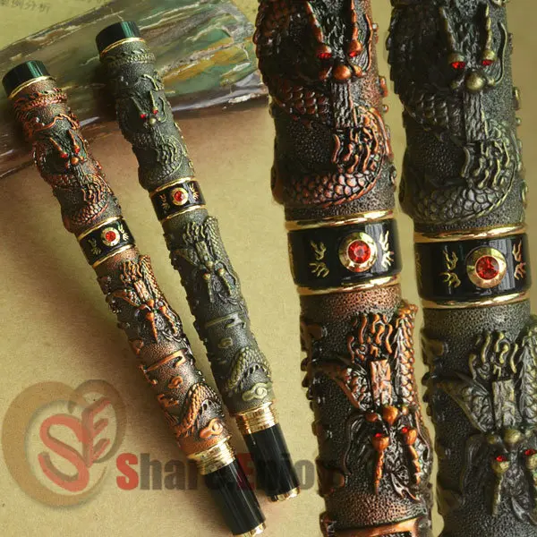 

2 PCS JINHAO ANTIQUE COPPER DRAGON PLAY PEARL FOUNTAIN PENS BROAD NIB