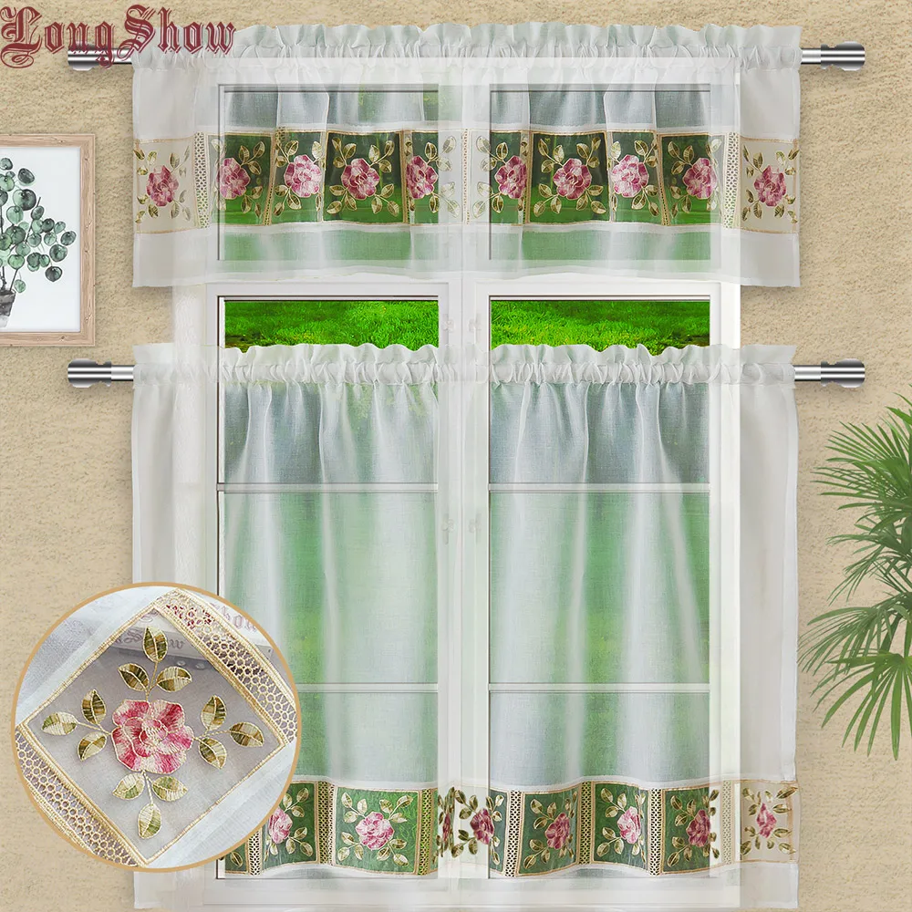 

1 Set 3 pcs Home Decorative White Color Creative Embroidered Organza Patchwork Kitchen Window Door Curtains