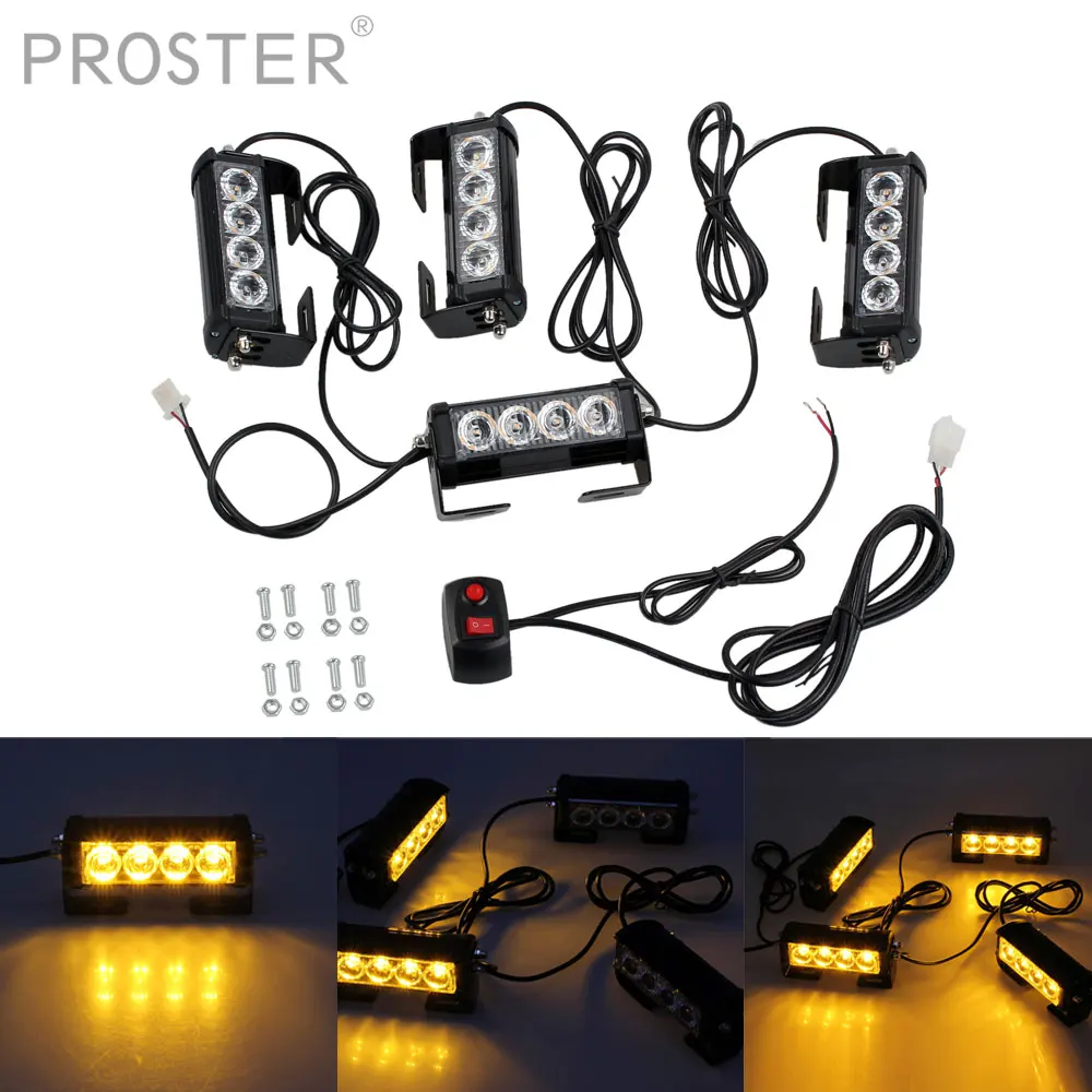 

Proster 4 x 4 LED 12V Amber Flashing Light Car Emergency Aluminium Housing 7 flashing Modes Lamp Grill Strobe lamp