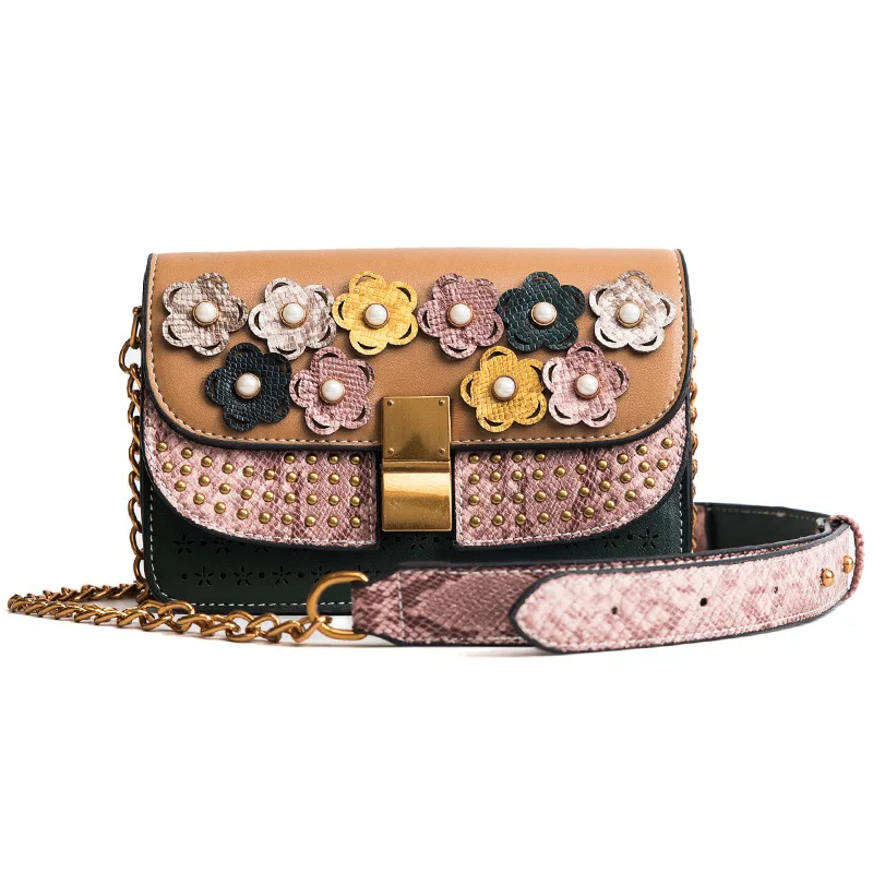 

FASHION WOMAN HOLLOW OUT PEARL RIVETS BRONZE CLOSURE SHOULDER CROSS BODY HAND BAG CLUTCH