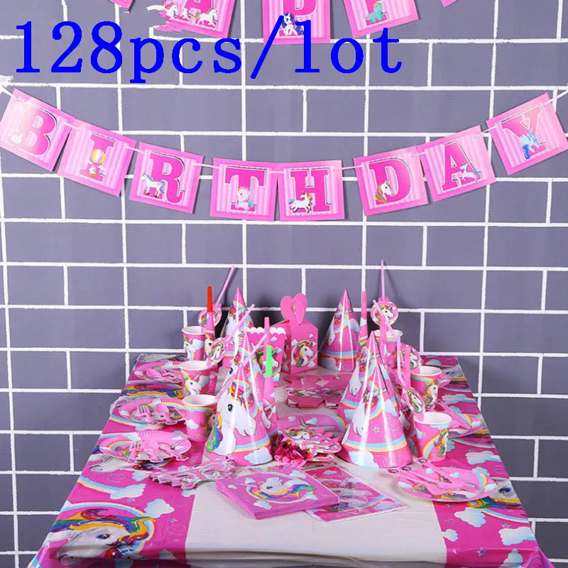 

128Pcs/Lot Unicorn Paper Cup Plate Invitation Card Gift Bag Etc Baby Shower Kid Birthday Noise Maker Decoration Event Supply
