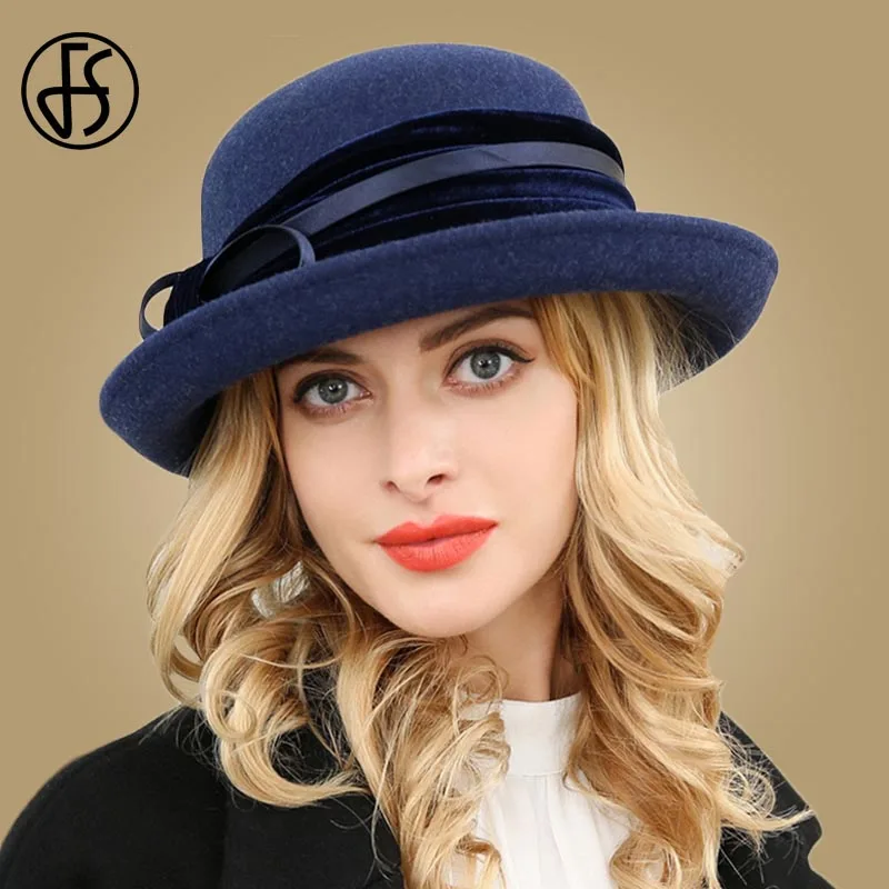 FS темно-синие шерсть фетровые шляпы для женщин Fedora имеет широкие поля дамы формальные Ретро Котелок круглая шляпа Бант Флоппи шляпы для похода в церковь