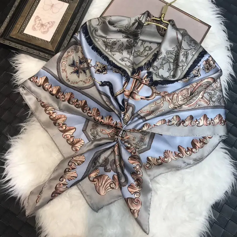 [BYSIF] темно-синий шелковый шарф-накидка женский бренд шелковые квадратные шарфы обертывания весна осень элегантный шарф шаль 110*110 см - Цвет: grey