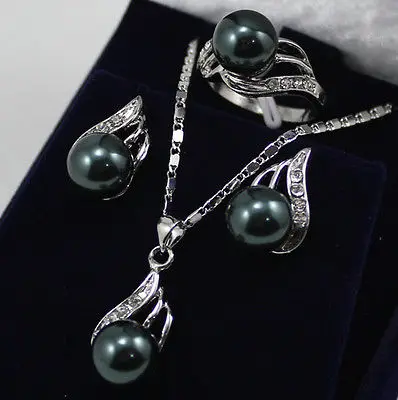 

black shell pearl crystal Pendant necklace earring ring jewelry set 18K gold plated watch wholesale Quartz stone CZ crystal