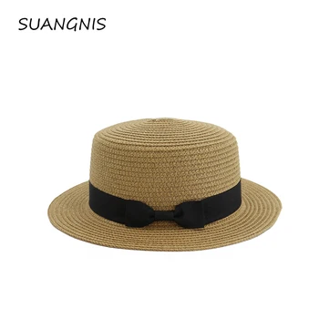 

Women Summer Hat Beach Straw Hat Panama Ladies Cap Fashionable Handmade Casual Flat Brim Bowknot Sun Hats for Women