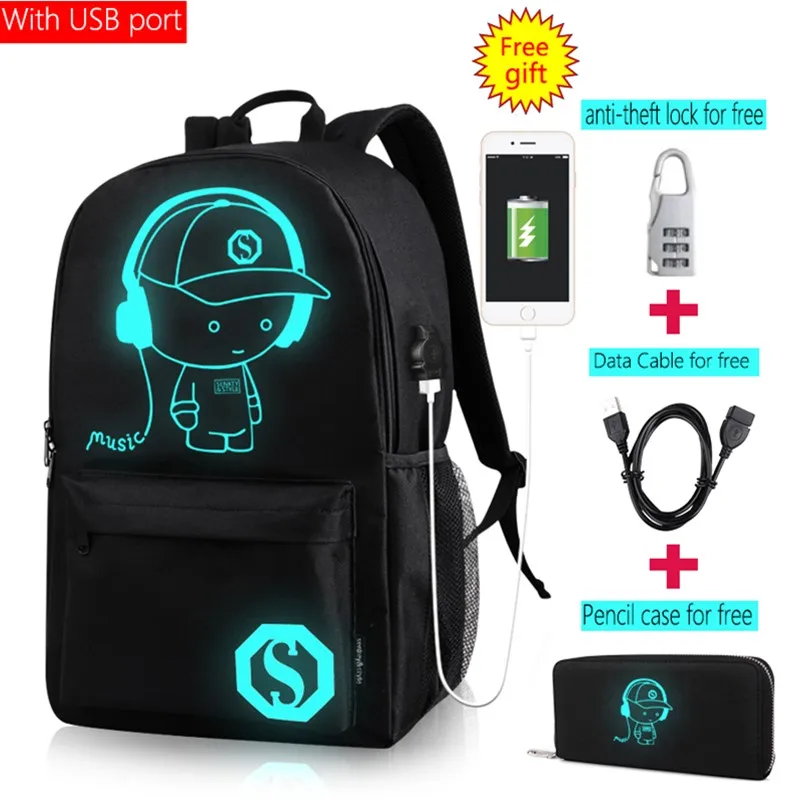 Casual Personalized Mochila font b Anime b font Cartoon Luminous Student Anti theft Backpack Men USB