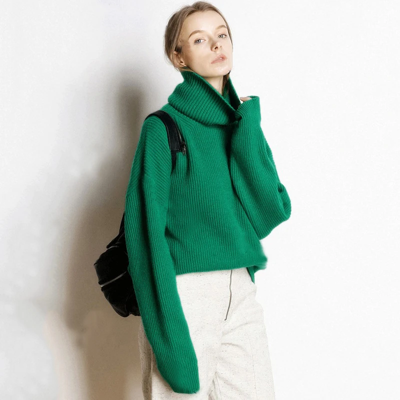Вязаный кашемировый свитер с высоким воротом, женские зимние повседневные уличные пуловеры, теплые свободные свитера, мода, женские большие размеры - Цвет: Зеленый