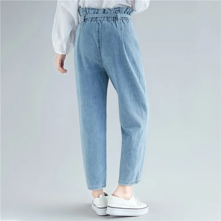 Женские джинсы с высокой талией, корейский стиль, эластичная талия, синие джинсы, джинсовые штаны, повседневные свободные брюки с карманами, брюки с поясом, женская одежда