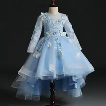 Детское кружевное платье с цветочной аппликацией для девочек; пышные Вечерние платья на свадьбу; бальное платье с длинными рукавами; платье принцессы для выпускного вечера; торжественное платье для девочек