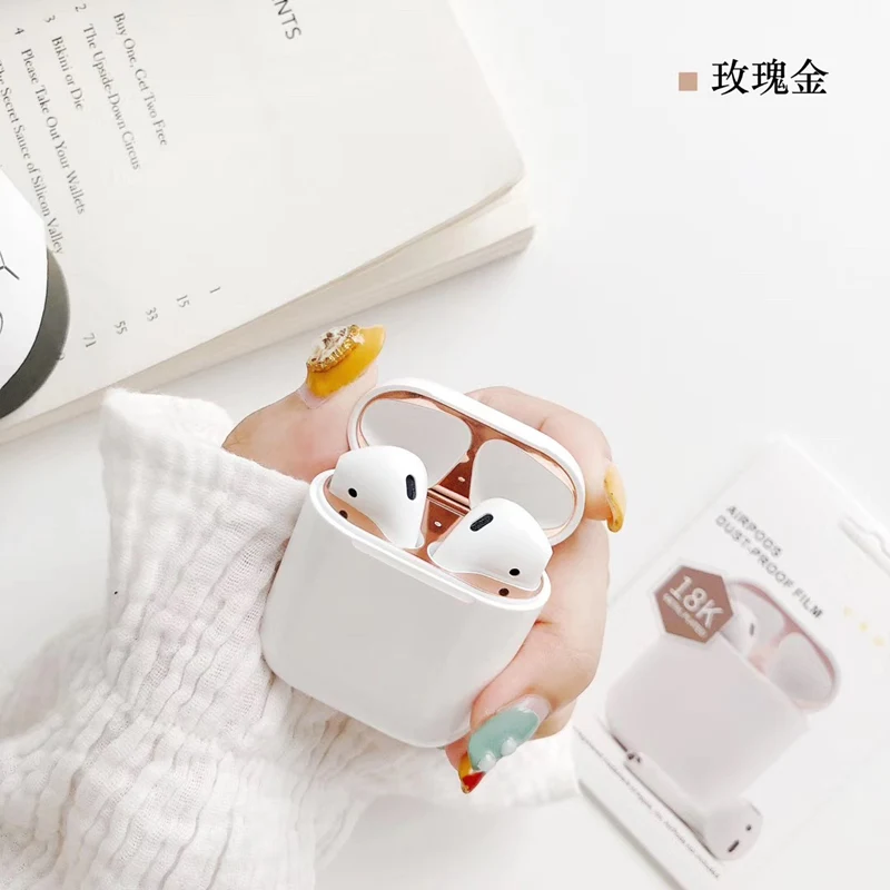 Роскошная металлическая пыль защита для Apple Airpods Чехол Аксессуар Защитная Наклейка кожа Bluetooth беспроводная гарнитура крышка - Цвет: rose gold