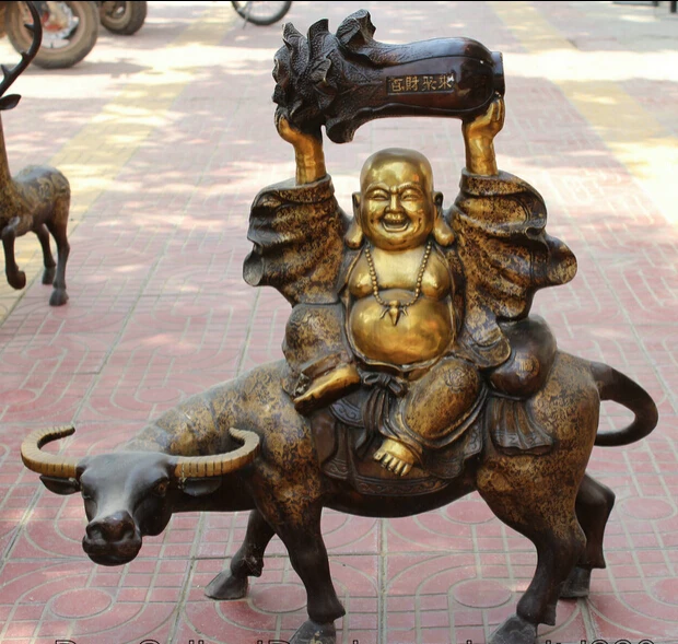 

JP S0524 32" Chinese Bronze Happy Laugh Maitreya Buddha Ride Bull cabbage Money Statue (B0328)