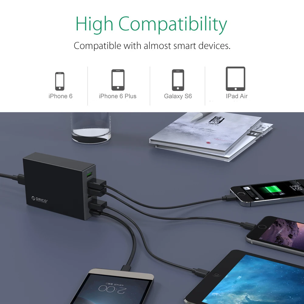 ORICO USB зарядное устройство type-C QC2.0 быстрое зарядное устройство 6 портов 5V2. 4A 9V2A 12V1. 5A зарядное устройство для мобильного телефона samsung Xiaomi huawei