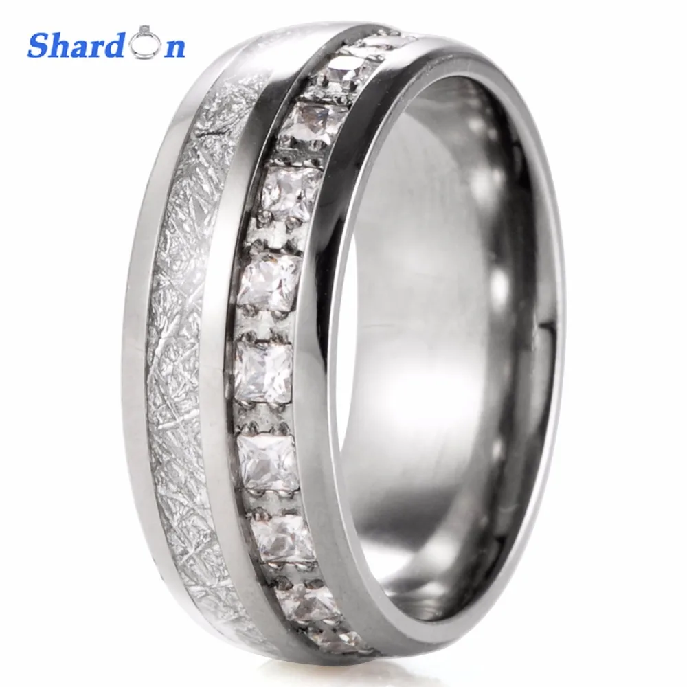 

SHARDON Engagement jewelry Domed Titanium Ring with white stone inlay Meteorite Wedding band silver color Men's Engagement ring