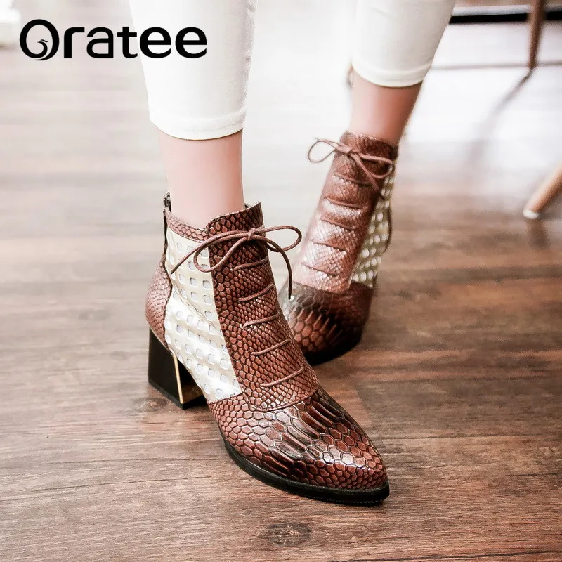 

Fashion Ankle Boot Snake Print Cross tie Hoof High Heels Short Boots Pointed toe autumn Boots Shoes Winter Woman Shoe Botas Muje