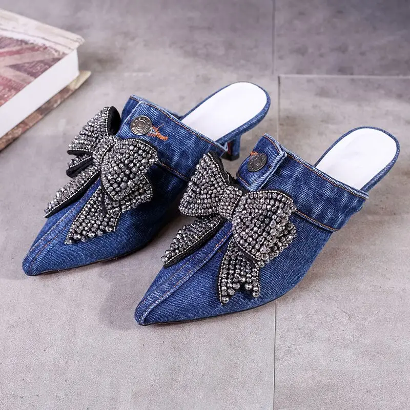 

Womens Pointed Toe Rhinestones Bowknot Crystal Denim Jeans Stlilettos Slipper Pumps High Heel Slingbacks Shoes New A78