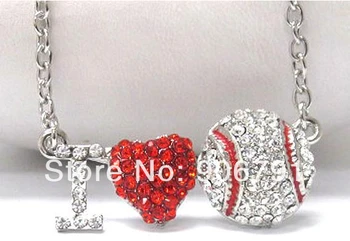 

30pcs 1lot alloy silver plated red heart with i love baseball sport series pendant necklaces