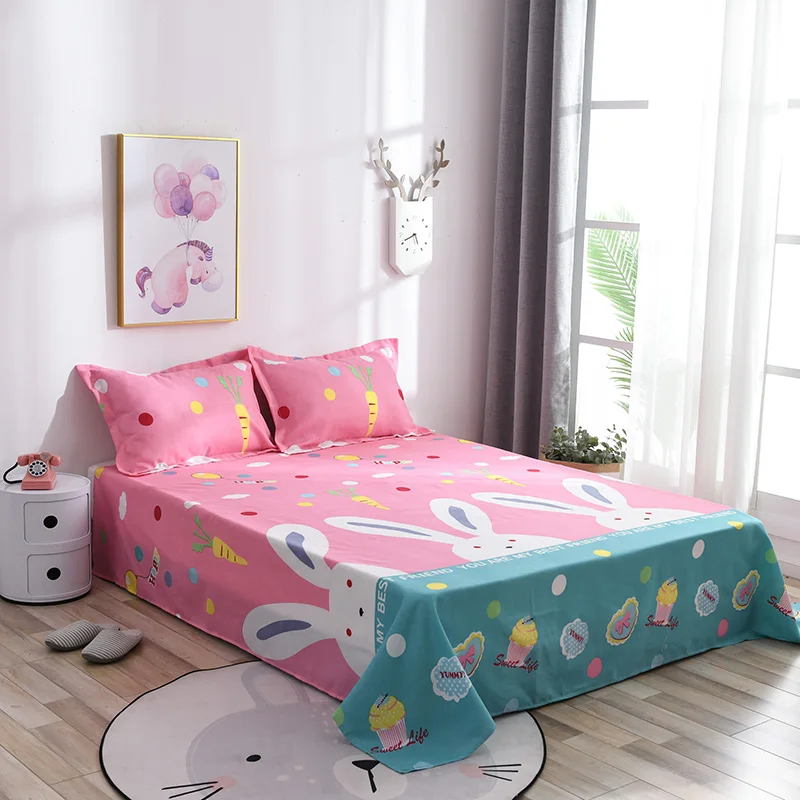 cheap Hot Sale Cartoon White Bunny Pattern Bed Sheet Polyester Fiber Soft Mattress Protector Cover Flat Sheet 3pcs Soft Bedclothes