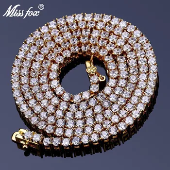 

MISSFOX HIP Hop 24k Gold Plated 2.5MM Lab Simulated AAA CZ Stones Iced Out Men'S Hiphop 3 Prong Tennis Chain Necklace 18" 22"