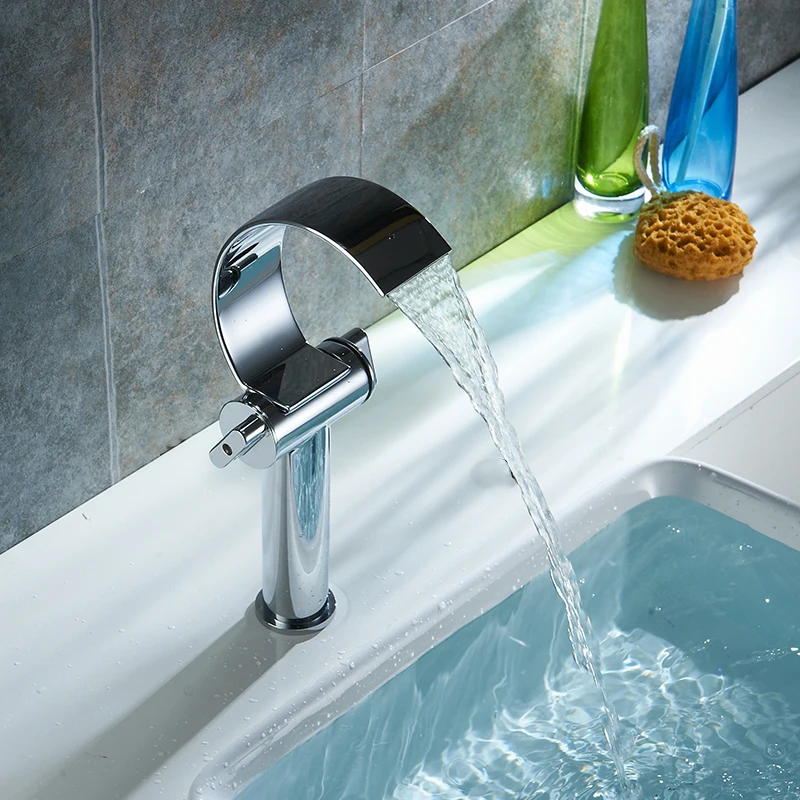 Modern New C Type Design Waterfall Basin Faucet Bathroom Chrome Finish Simple Faucets Single Handle High Arch Mixer Tap 88301