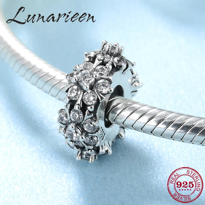 

925 Sterling Silver Winter charming snowflake shining clear CZ Stopper spacer bead fit Original Pandora Bracelet making