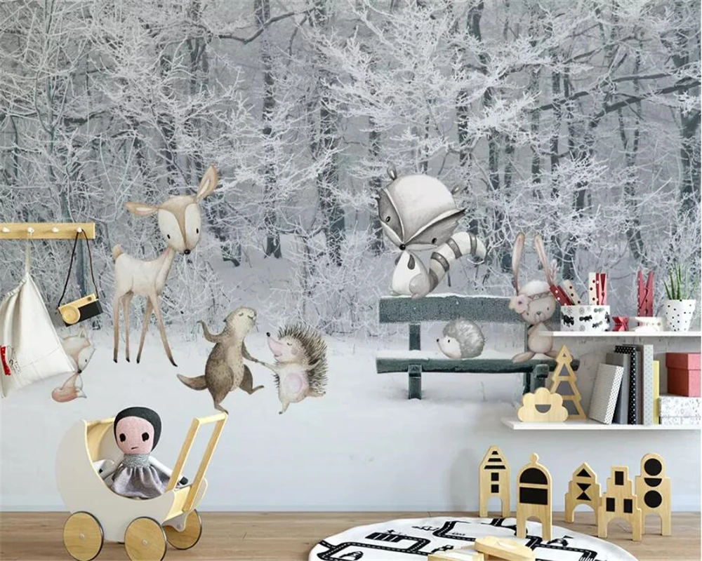 Beibehang пользовательские 3d обои детская комната зима снег сцены лес мультфильм животных задний план обои домашний декор behang