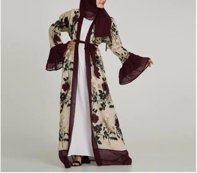 Элегантные мусульманские вышитые цветочные abaya длинные платья с рукавом-клеш кардиган-кимоно длинный халат Туника Ближний Восток Рамадан