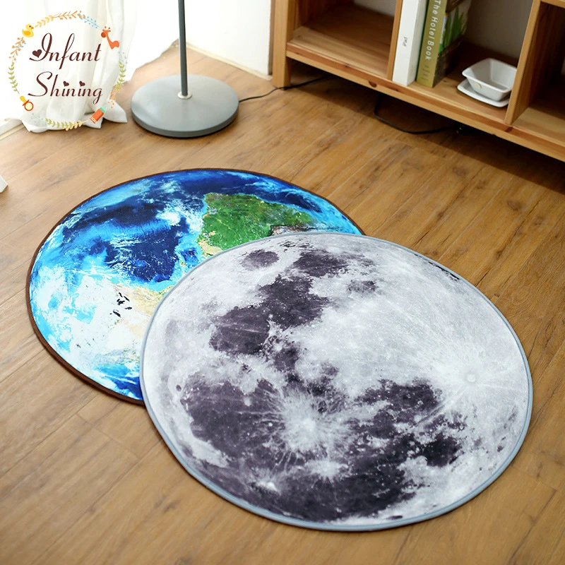 

Infant Shining Round Floor Mat Diameter 60/80/100/120CM Shor Plush Carpet Earth Moon Pattern Bedroom Mat Antiskid Seat Cushion