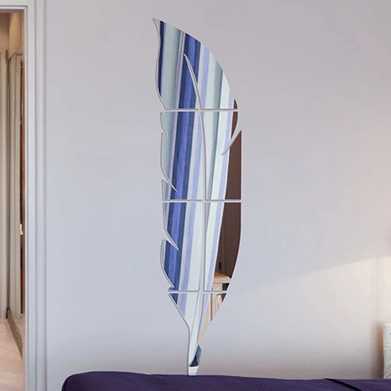 

Gold Feather Shape Mirror Wall Stickers Bedroom Home Decoration Plastic Self Adhesive Film Accessories 3D Wall Home DecorSticker
