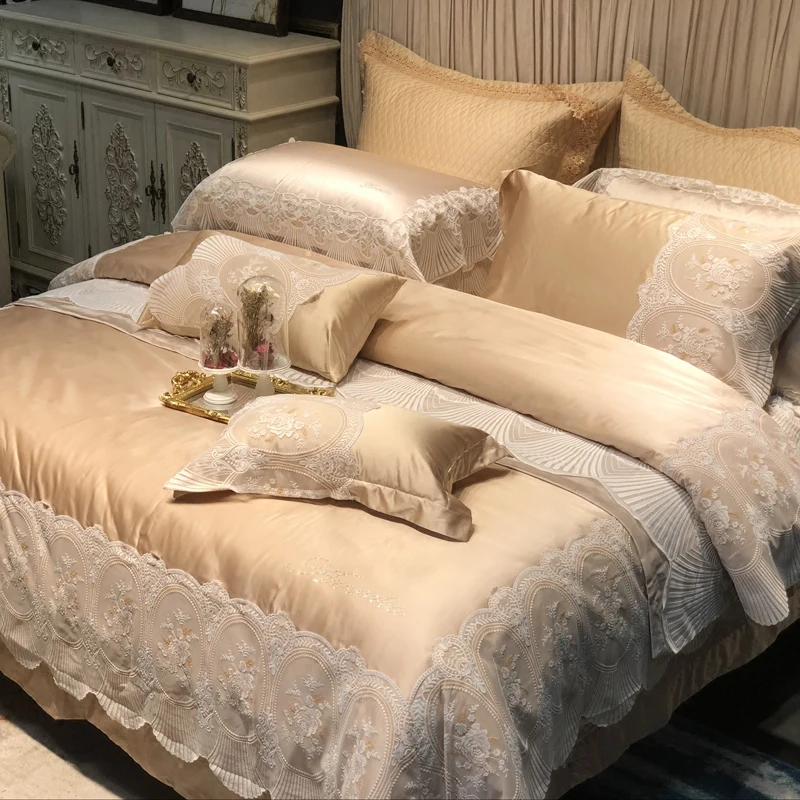 

luxury Beige Princess 120S Egyptian cotton Embroidery Bedding sets Queen King Lace Duvet cover Bed sheet set Pillowcases 4/6pcs