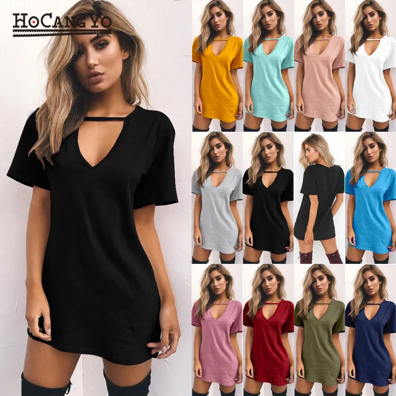 HCYO Summer Dress Women Sexy Dresses Plus Size Deep V Neck Dress Shirt Fashion Short Sleeve Streetwear Mini Sundress Robe femme Dresses