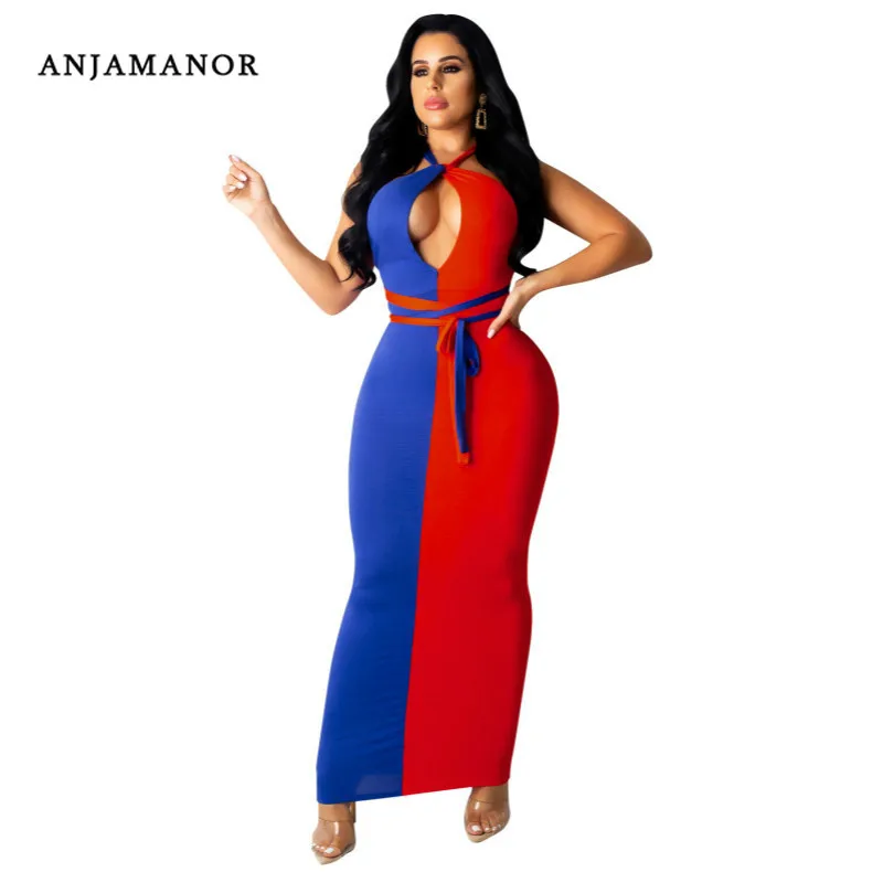 

ANJAMANOR Color Block Hollow Halter Backless Long Maxi Dress Women Sexy Dresses Party Night Club Dress 2019 Summer D90-AC95