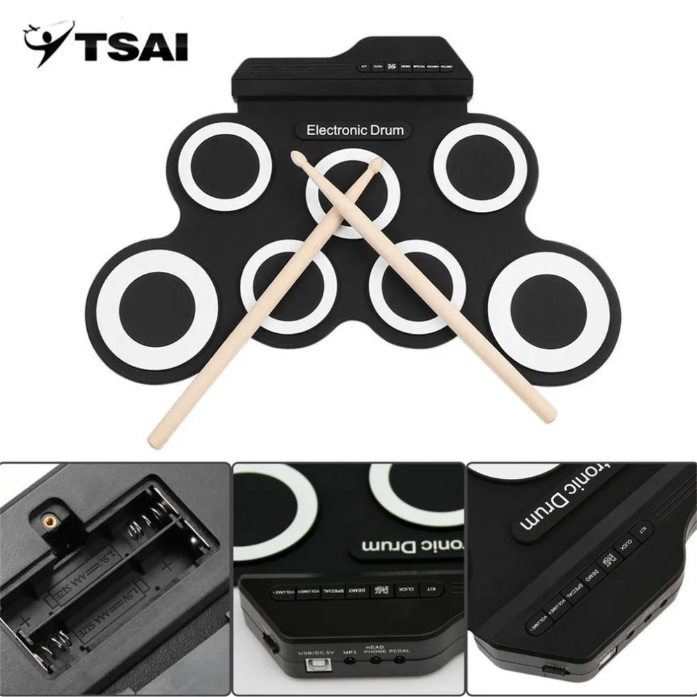 

TSAI Drum Kit Drum Set Percussion Instrument USB Electronic Drum G3002 For Children Thickened Silicone Foldable Roll-up Popular