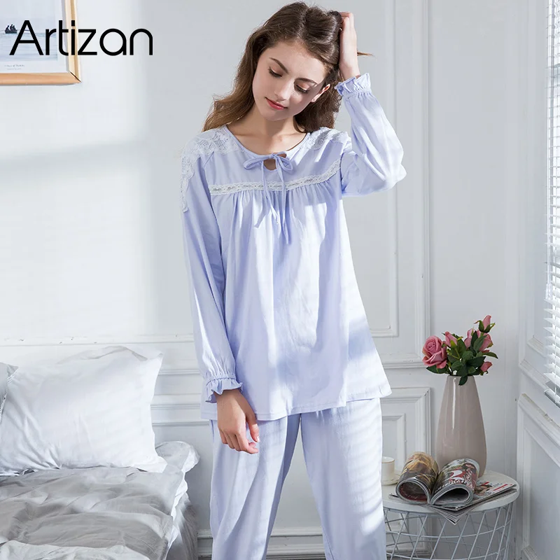

Artisan Women's Cotton Bowknot Long Sleeve Pajamas Set Sleepwear Bottom Lounge Nightgowns