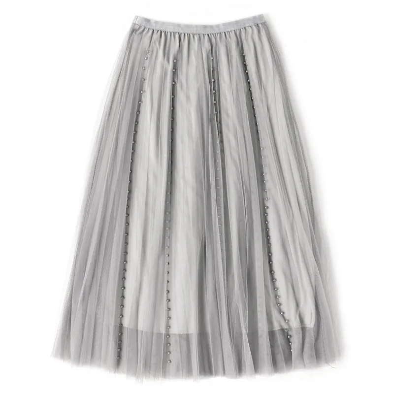 Pleated Skirt Women Summer 2019 New Fashion Solid Color Beading Mesh Elastic Waist French Style All Matched Gray Skirt Midi S-XL Pleated Skirt Women Summer 2019 New Fashion Solid Color Beading Mesh Elastic Waist French Style All Matched Gray Skirt Midi S-XL