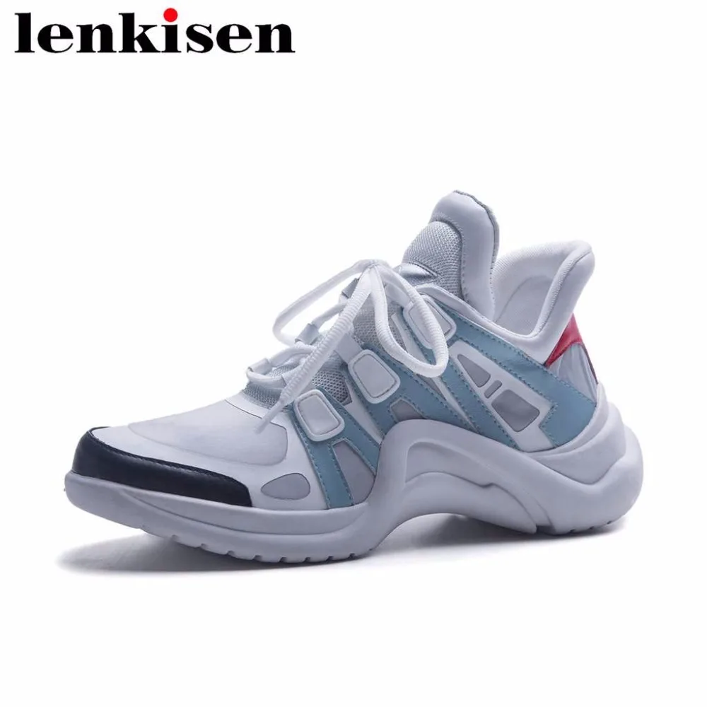

Lenkisen concise style mixed color lace up med bottom round toe solid cow leather mesh campus holiday women vulcanized shoes L18