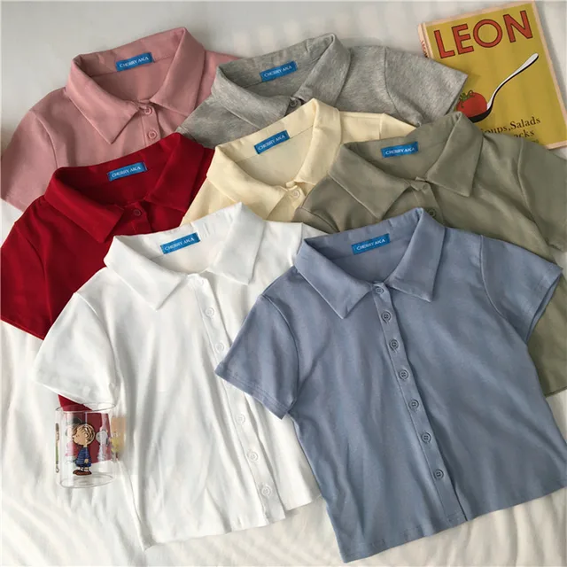US $9.59 8 colors 2019 summer preppy style solid color short sleeve short design t-shirts womens tee shirt f