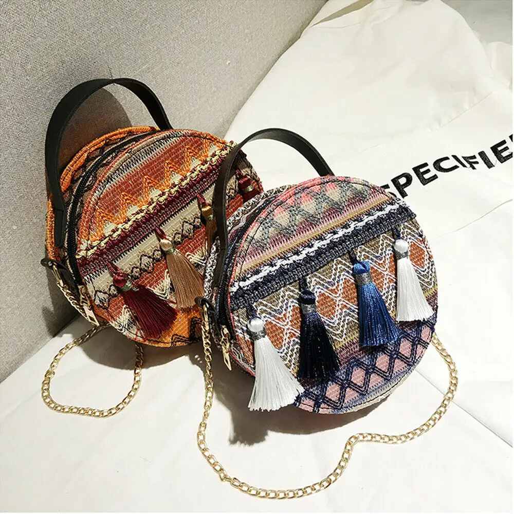 2019 خمر جولة شرابة أكياس الصيف نمط المرأة حقائب البوهيمي الروطان Crossbody أكياس اليدوية المنسوجة الشاطئ التعميم أكياس