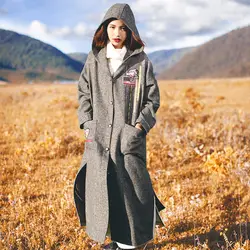 Новый осень-зима Для женщин Повседневное Свободные длинным рукавом Однобортный с капюшоном Вышивка X-длинное шерстяное пальто