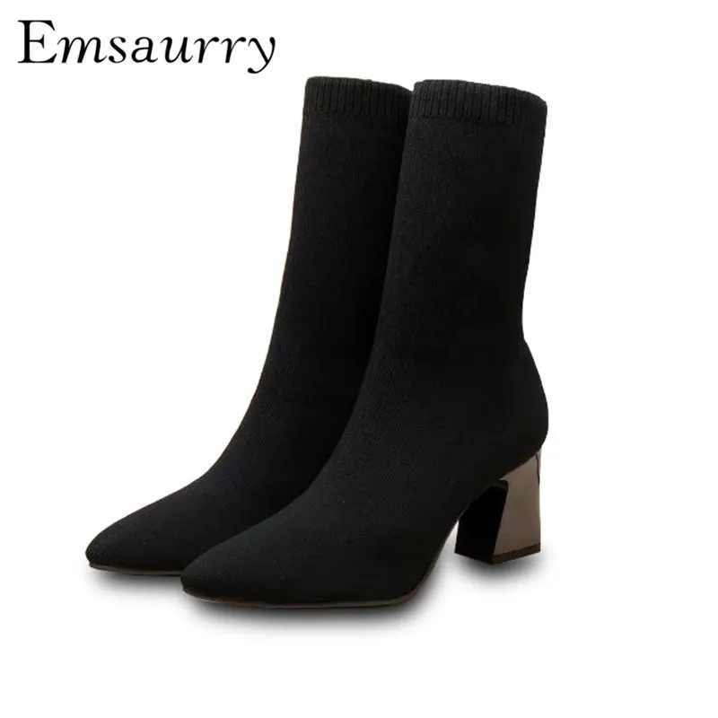 

Wool Knitted Sock Booties Stretch Fabric Individual Hoof Heel Point Toes Autumn Winter Catwalk Short Boots Women