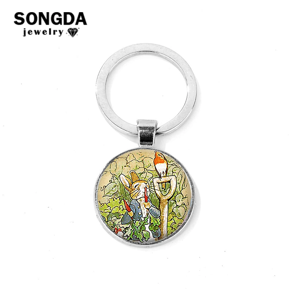 

SONGDA Vintage Peter Rabbit Theme Keychain Helen Beatrix Potter Bunny Cartoon Fun Printed Glass Dome Key Ring Gift for Girl Kids