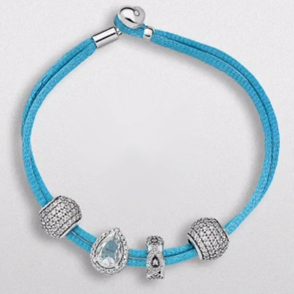 

NEW s925 Luxury Brand Women Ornament leather rope Unique Silver Charm for Women DIY Beads & Bangles Jewelry Gift Light blue