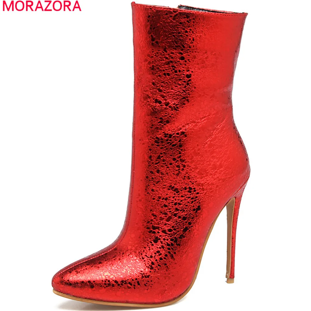 

MORAZORA Black red blue silvery new arrive women boots pointed toe zipper ladies boots super high thin heel ankle boots big size